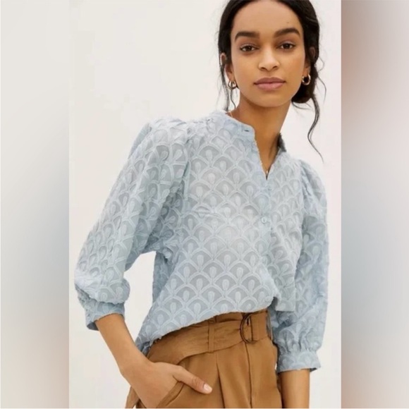 Pilcro Tops - Anthropologie Pilcro Bella Femme Light Blue Button Down Top, 3/4 Puff Sleeve SM
